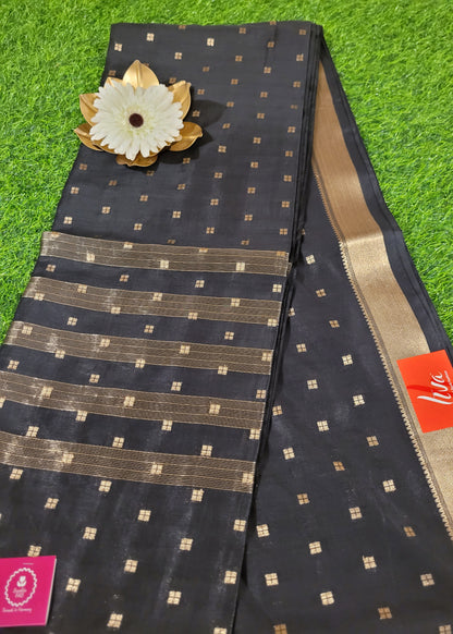 Black and Gold Semi Munga Silk Saree-Bengal