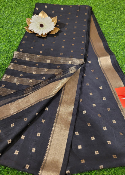 Black and Gold Semi Munga Silk Saree-Bengal