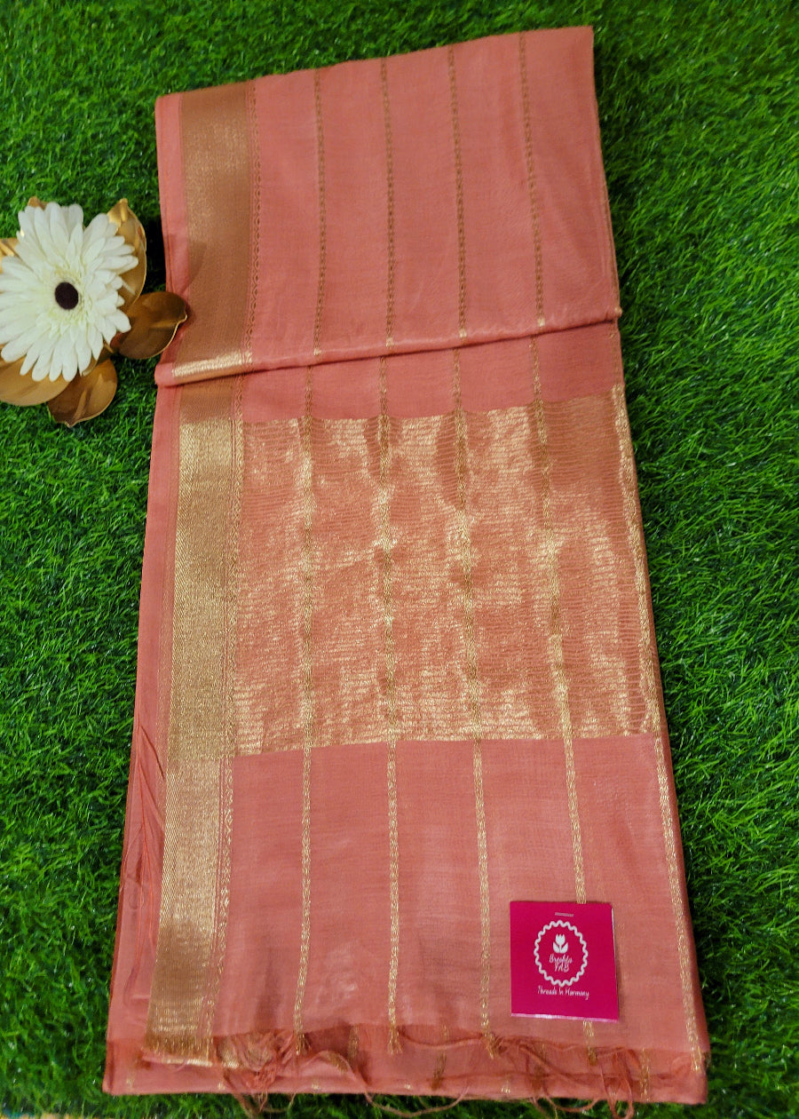 Dark Peach and Golden Colour Semi Silk Saree-Bhagalpur