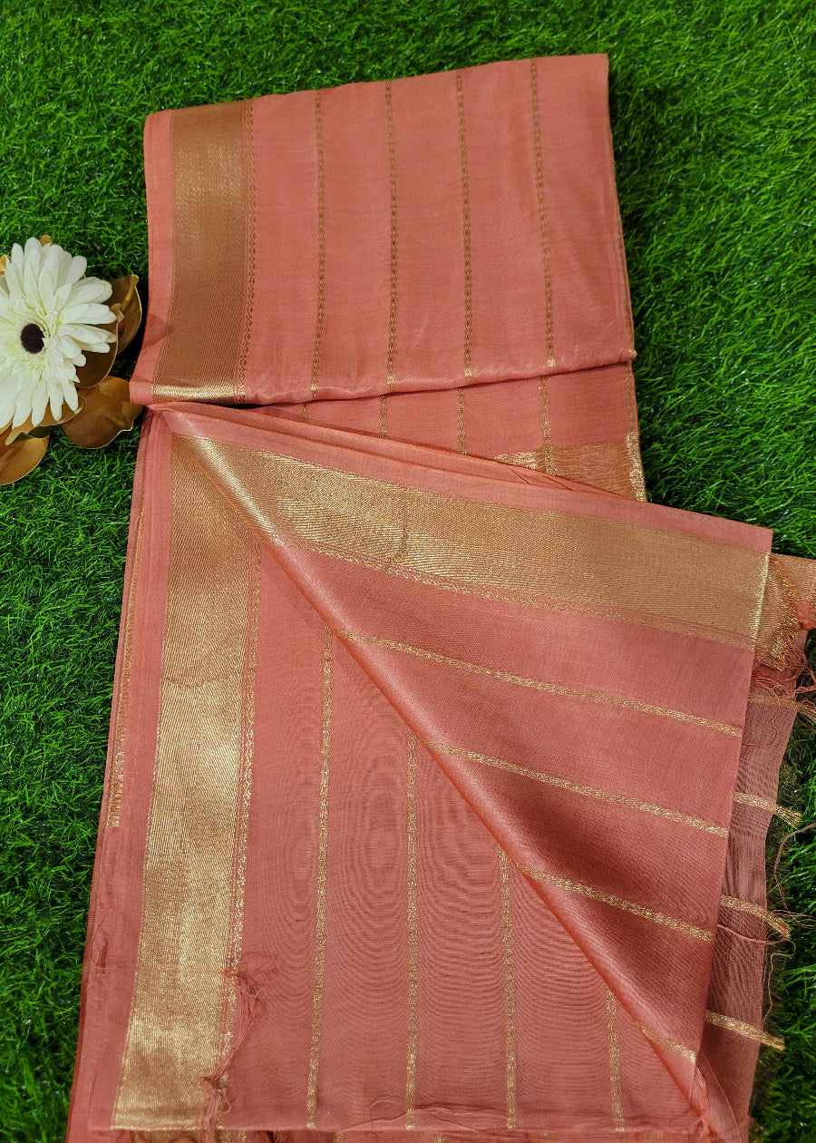 Dark Peach and Golden Colour Semi Silk Saree-Bhagalpur