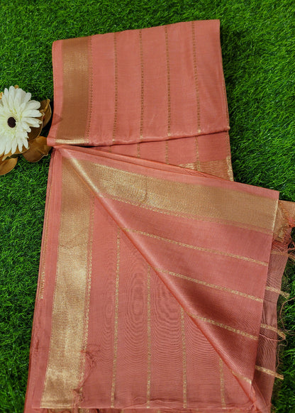 Dark Peach and Golden Colour Semi Silk Saree-Bhagalpur