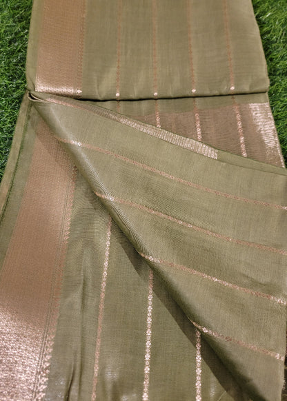 Sage Green And Gold Semi Silk Saree- Bhagalpur