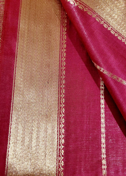 Dark Pink And Gold Colour Semi Silk Saree- Bhagalpur