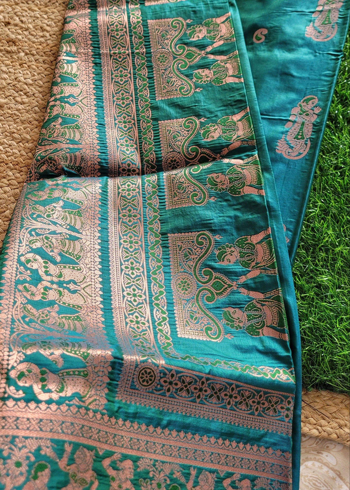 Teal Dual Tone Semi Baluchari Saree-Bengal