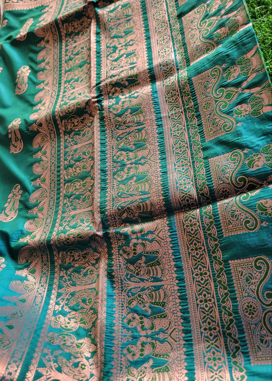 Teal Dual Tone Semi Baluchari Saree-Bengal
