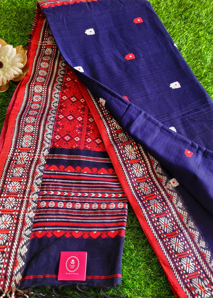 Navy Blue and Red Soft Cotton Saree- Bengal