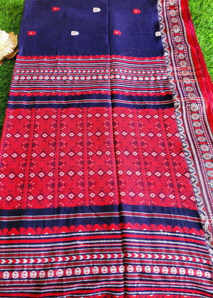 Navy Blue and Red Soft Cotton Saree- Bengal