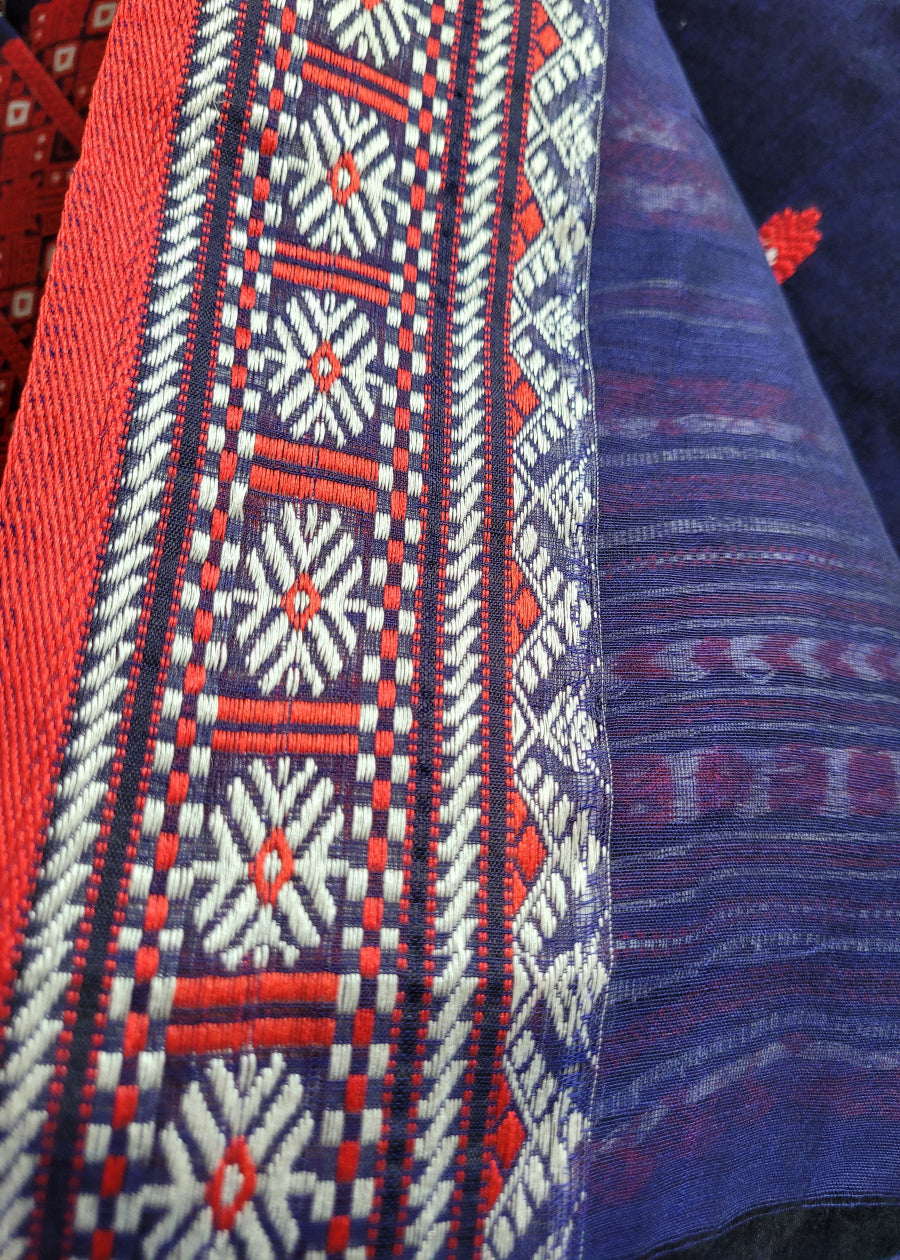 Navy Blue and Red Soft Cotton Saree- Bengal