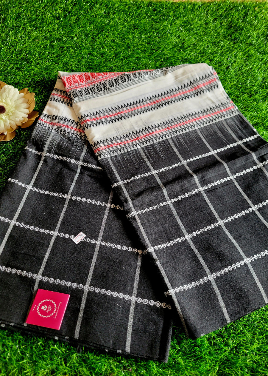 Black Checked Dhaniakali Cotton Saree - Bengal