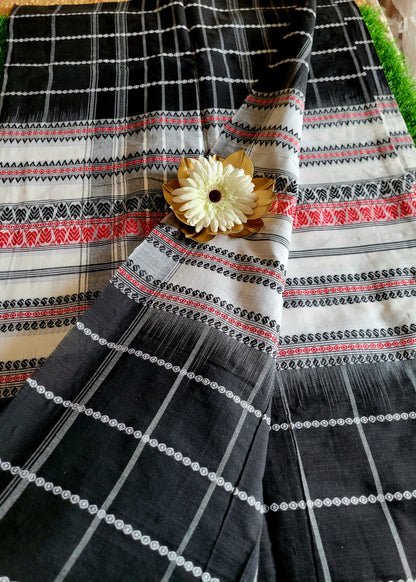 Black Checked Dhaniakali Cotton Saree - Bengal