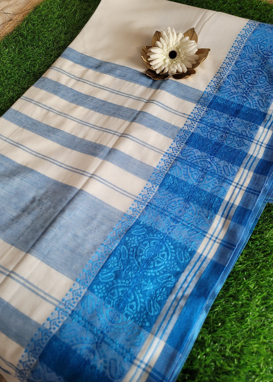 White and Blue Soft Cotton Saree-Bengal