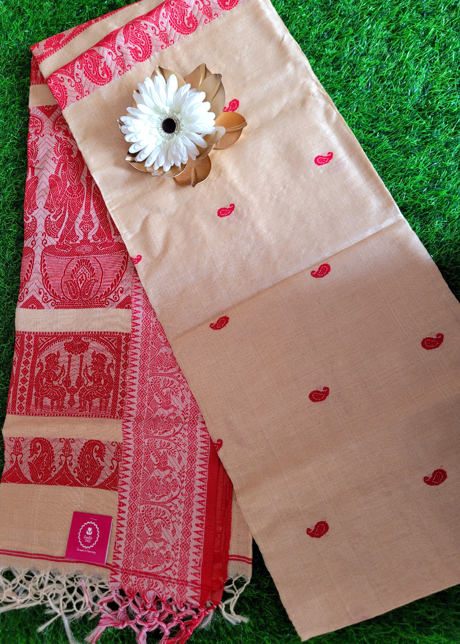 Classic Bengal Tussar Silk In Beige And Red- Bengal