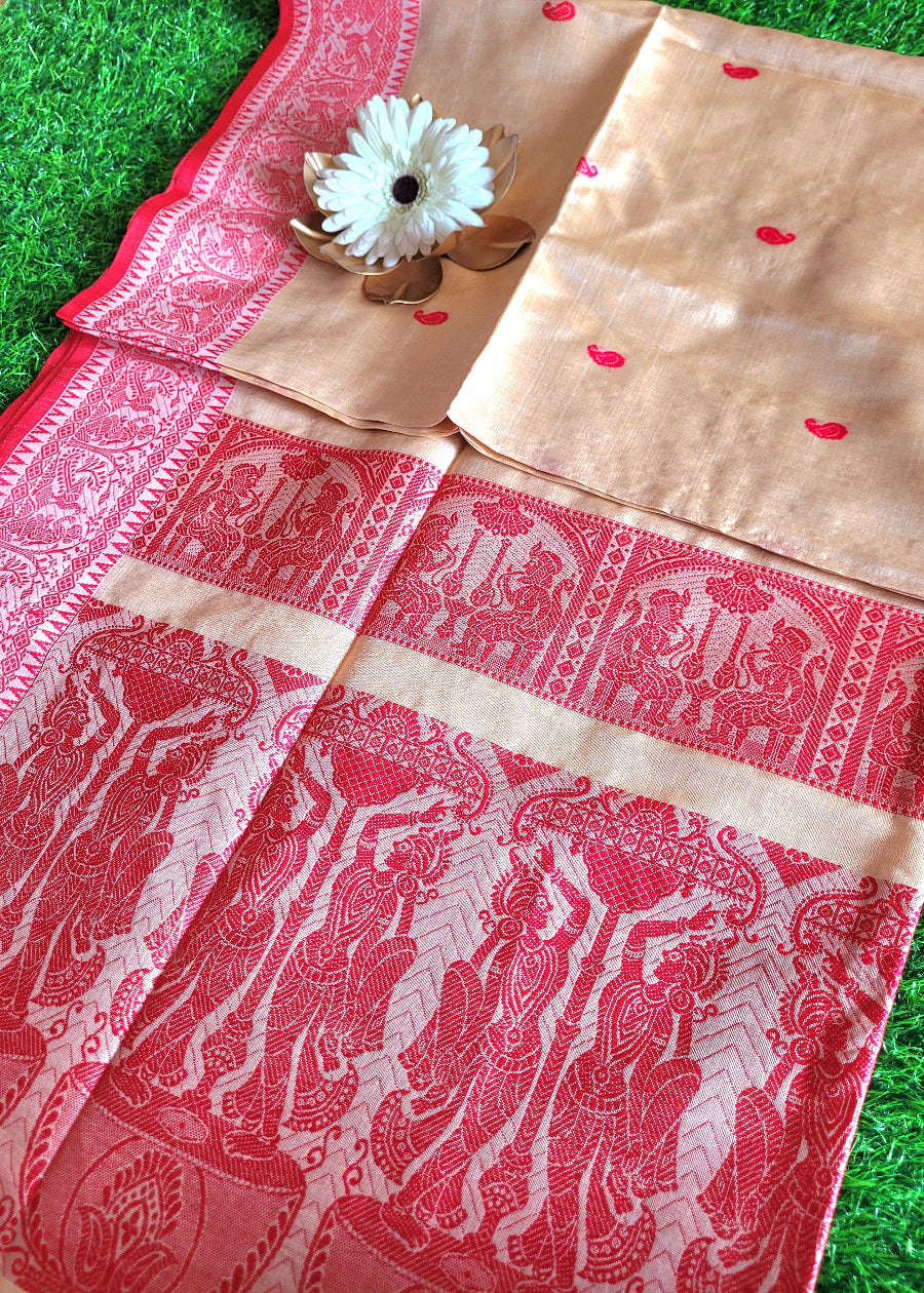 Classic Bengal Tussar Silk In Beige And Red- Bengal