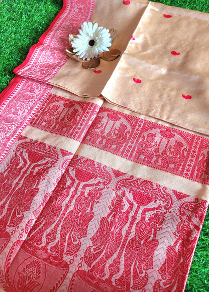Classic Bengal Tussar Silk In Beige And Red- Bengal