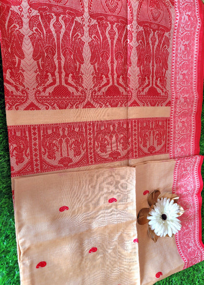 Classic Bengal Tussar Silk In Beige And Red- Bengal