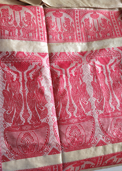 Classic Bengal Tussar Silk In Beige And Red- Bengal