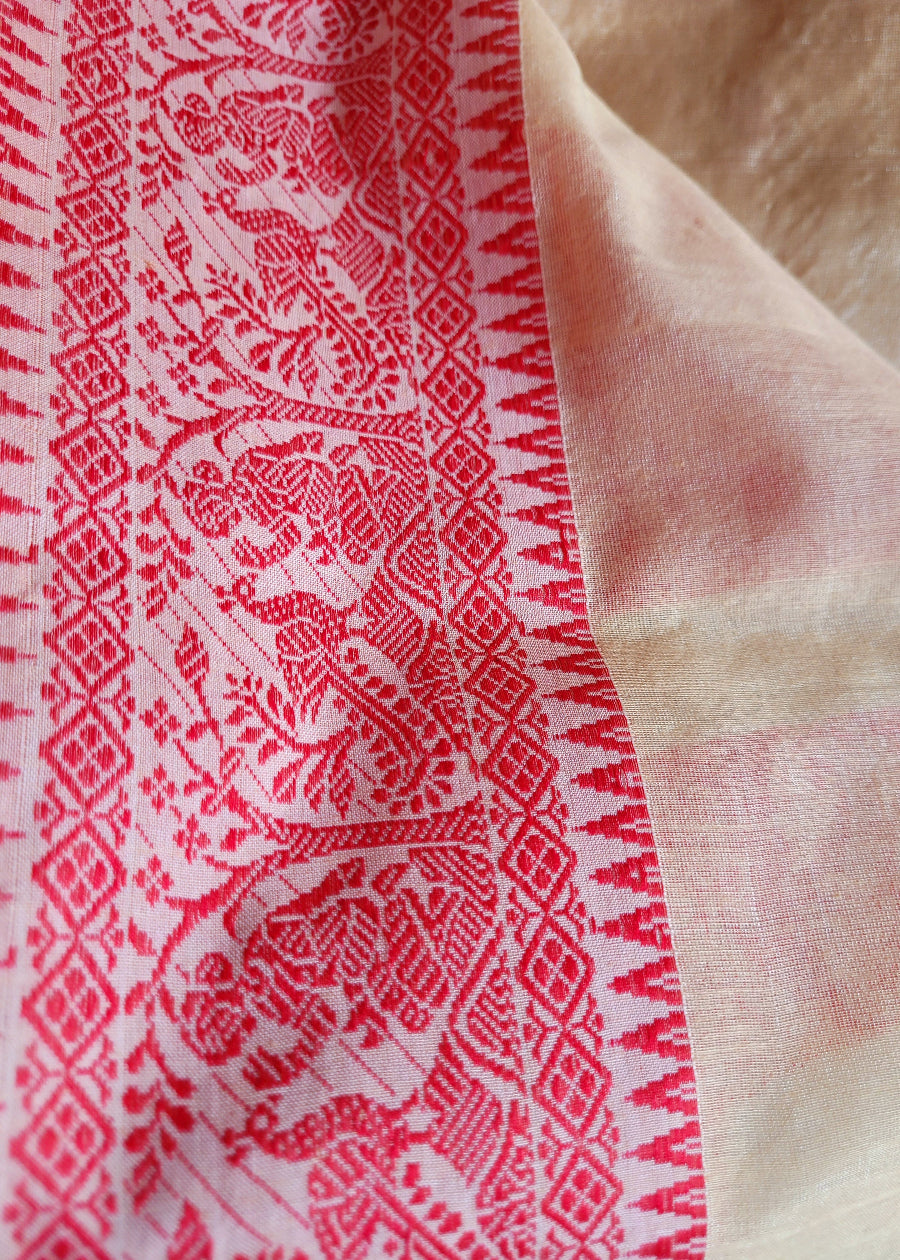 Classic Bengal Tussar Silk In Beige And Red- Bengal
