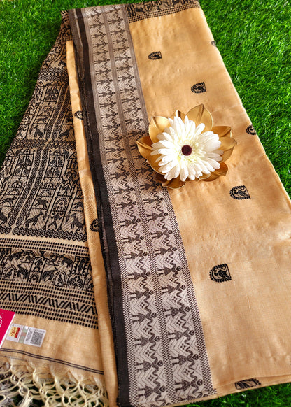 Classic Tussar Silk Saree In Sandal and Black Colour-Bengal
