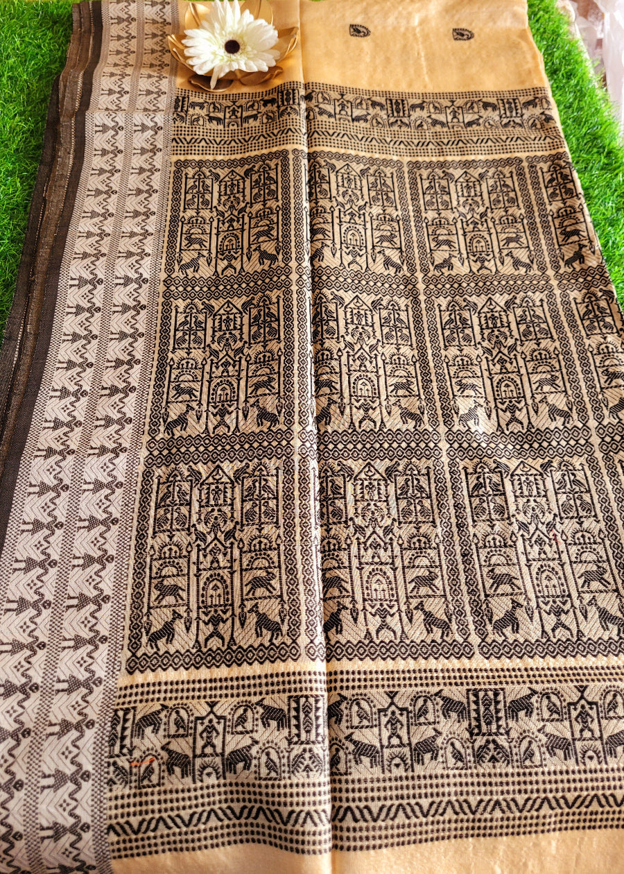 Classic Tussar Silk Saree In Sandal and Black Colour-Bengal