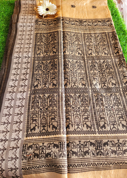 Classic Tussar Silk Saree In Sandal and Black Colour-Bengal