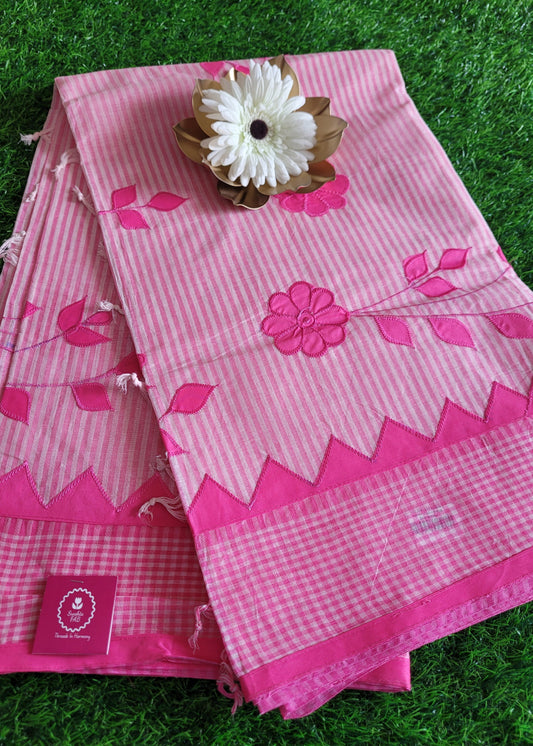 Pink Tant Cotton Saree With Applique Work- Bengal