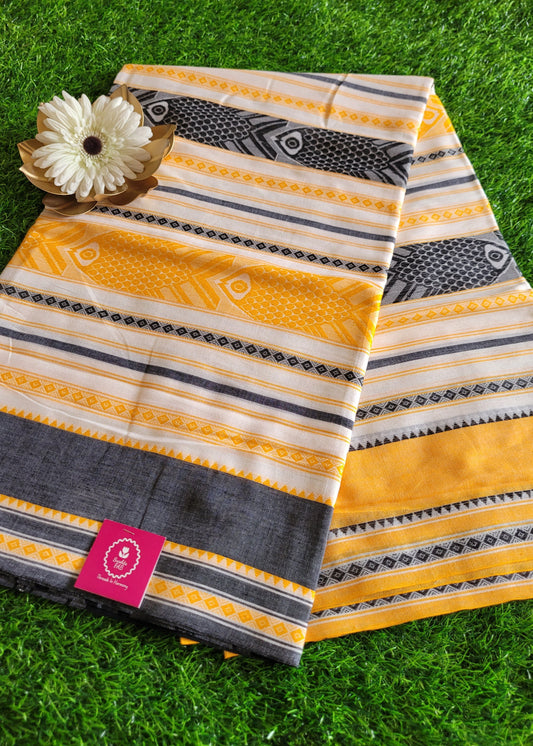 Yellow and Black Dhaniakali Cotton Saree -Bengal