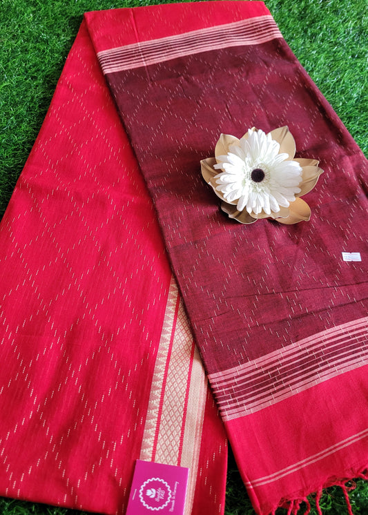 Red And Brown Cotton Saree- Bengal