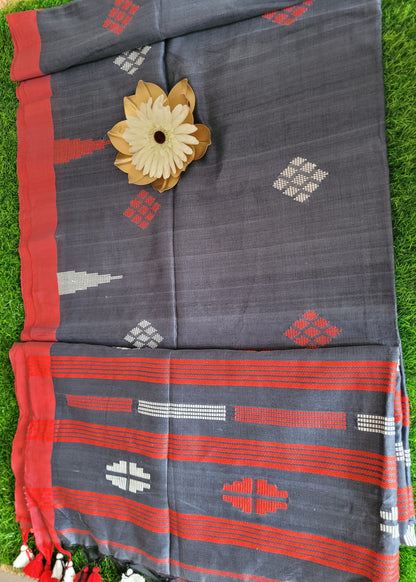Grey and Red Soft Cotton Saree- Bengal
