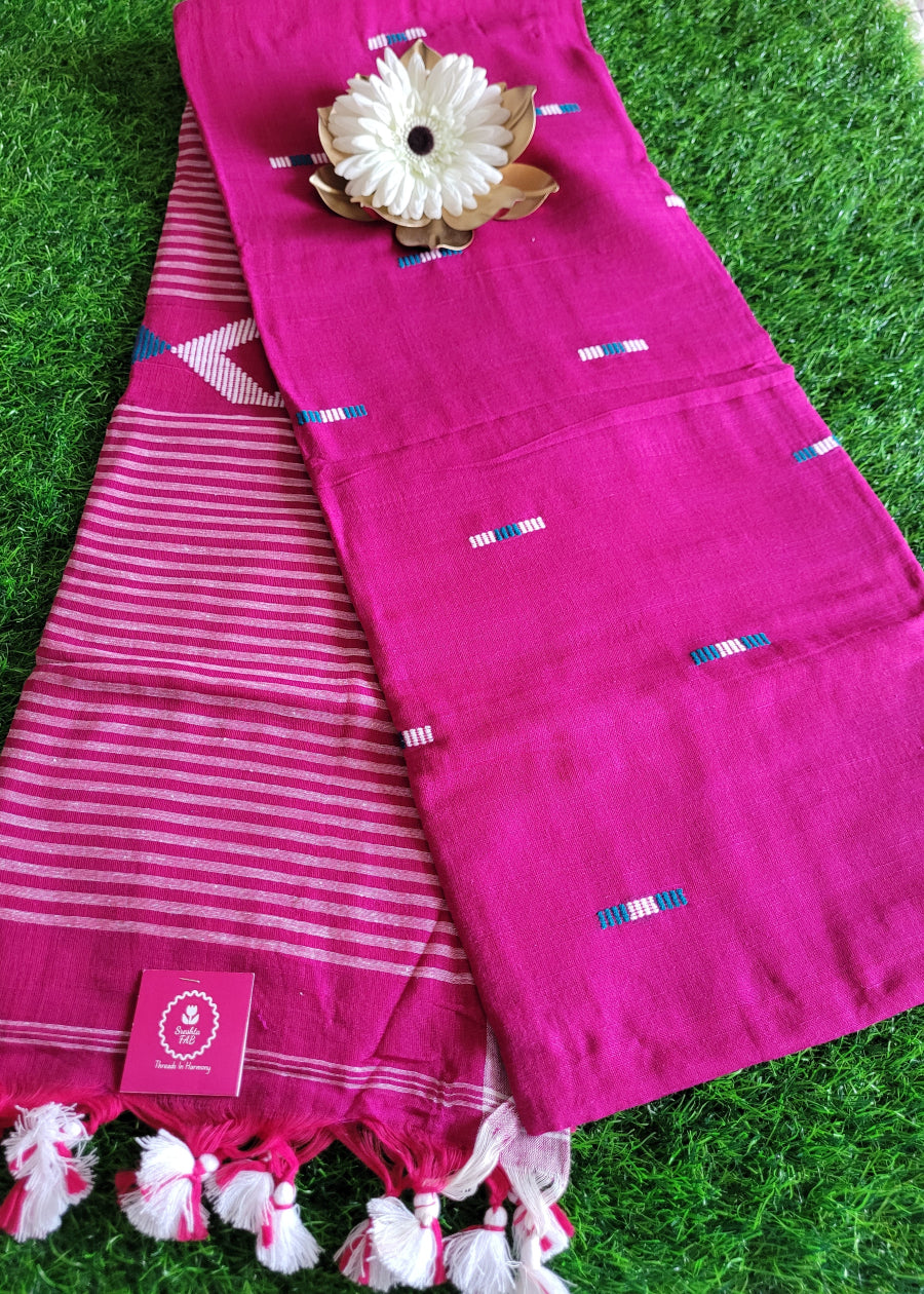 Majenta And White Soft Cotton Saree- Bengal