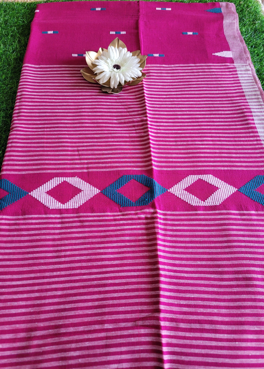 Majenta And White Soft Cotton Saree- Bengal