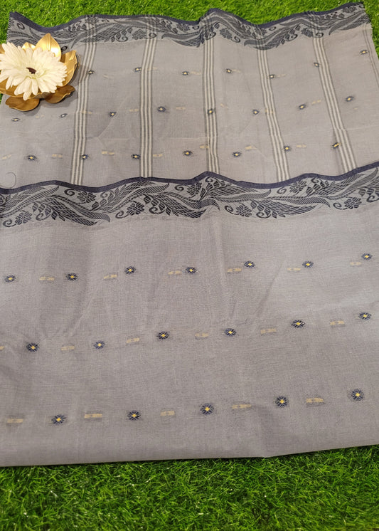 Grey And Black Crisp Tant Cotton Saree-Bengal
