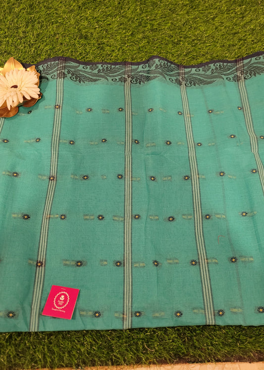 Teal And Black Crisp Tant Cotton Saree-Bengal