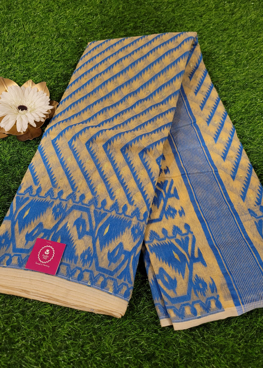 Beige And Blue Soft Cotton Jamdani Saree- Bengal