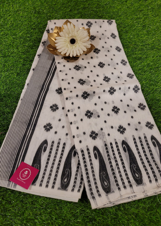 White And Black Soft Cotton Jamdani Saree- Bengal