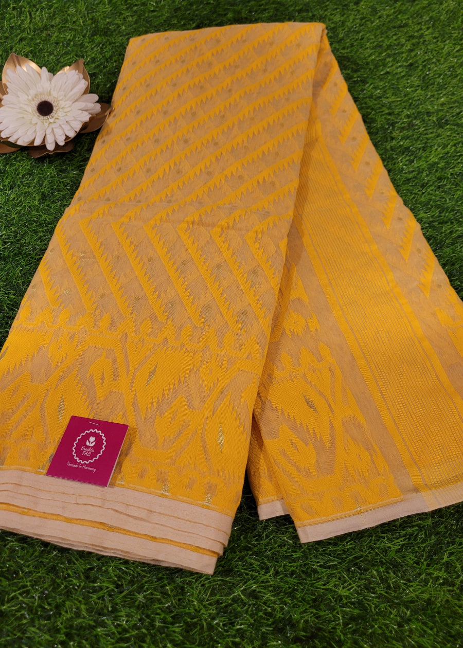 Yellow and Beige Soft Cotton Jamdani Saree- Bengal