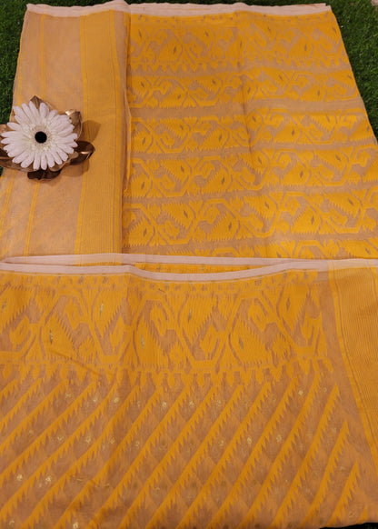 Yellow and Beige Soft Cotton Jamdani Saree- Bengal