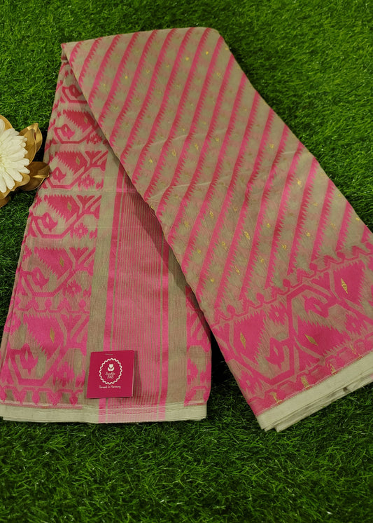 Beige And Pink Soft Cotton Jamdani Saree-Bengal