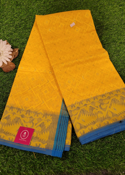 Bengal Cotton Saree - Bright Yellow and Blue