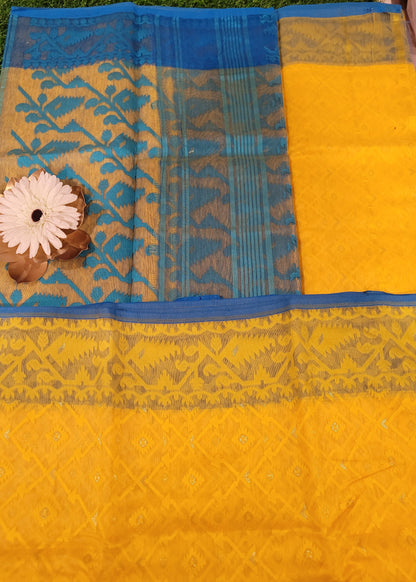 Bengal Cotton Saree - Bright Yellow and Blue