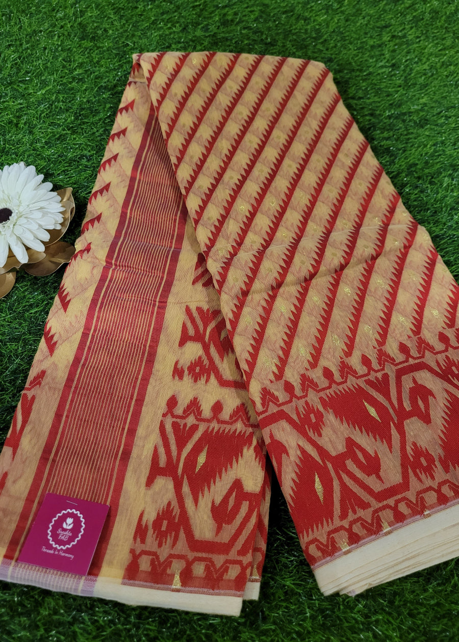 Light Peach and Red Soft Cotton Jamdani Saree- Bengal