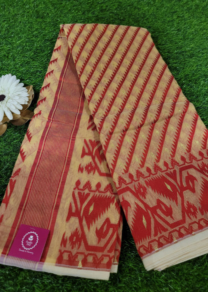 Light Peach and Red Soft Cotton Jamdani Saree- Bengal