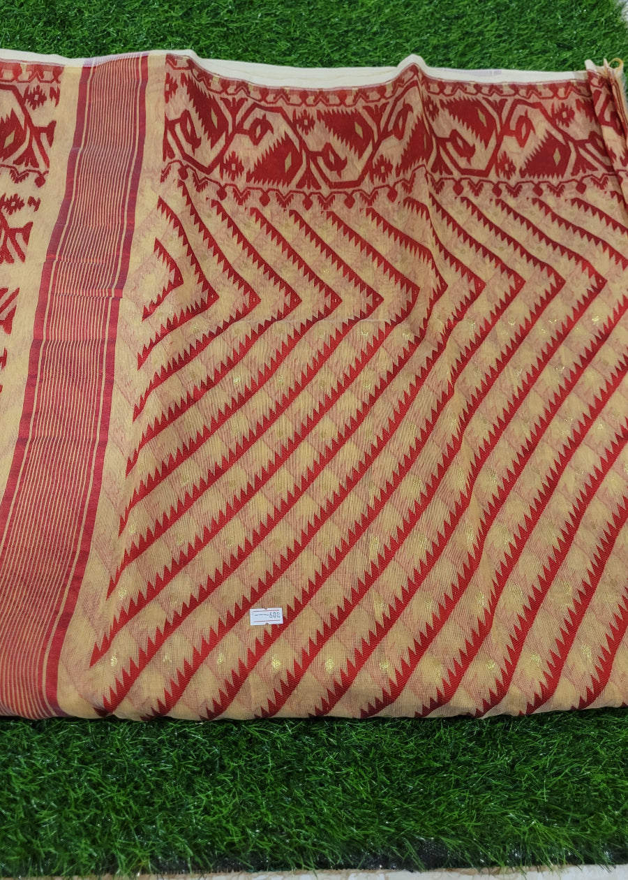 Light Peach and Red Soft Cotton Jamdani Saree- Bengal