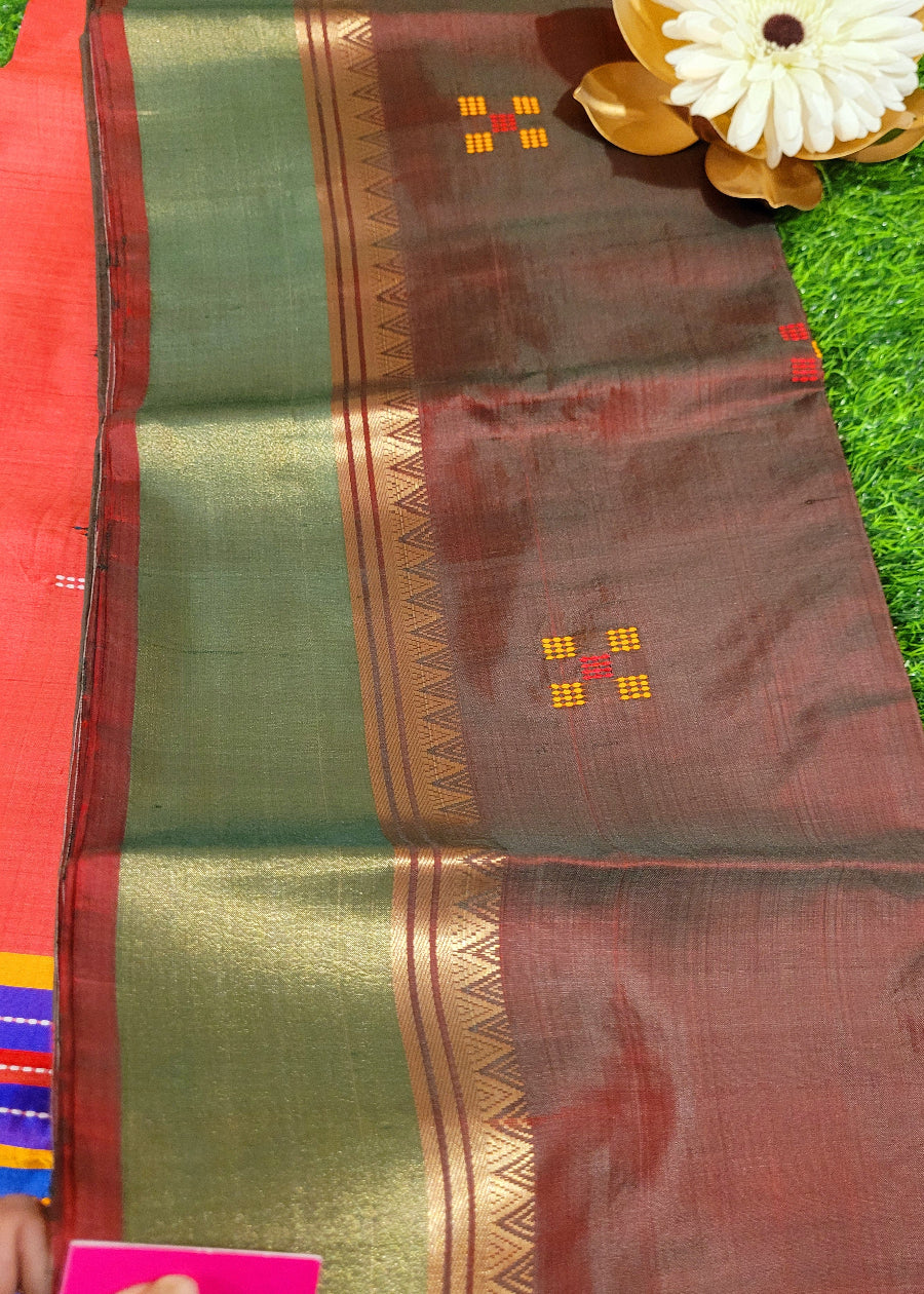 Brown And Sage Green Dual Toned Kalakshetra Pure Soft Silk - Bengal