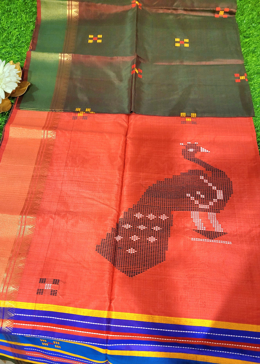 Brown And Sage Green Dual Toned Kalakshetra Pure Soft Silk - Bengal