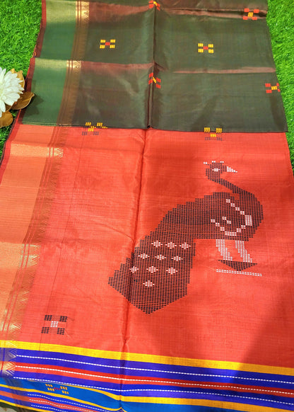 Brown And Sage Green Dual Toned Kalakshetra Pure Soft Silk - Bengal