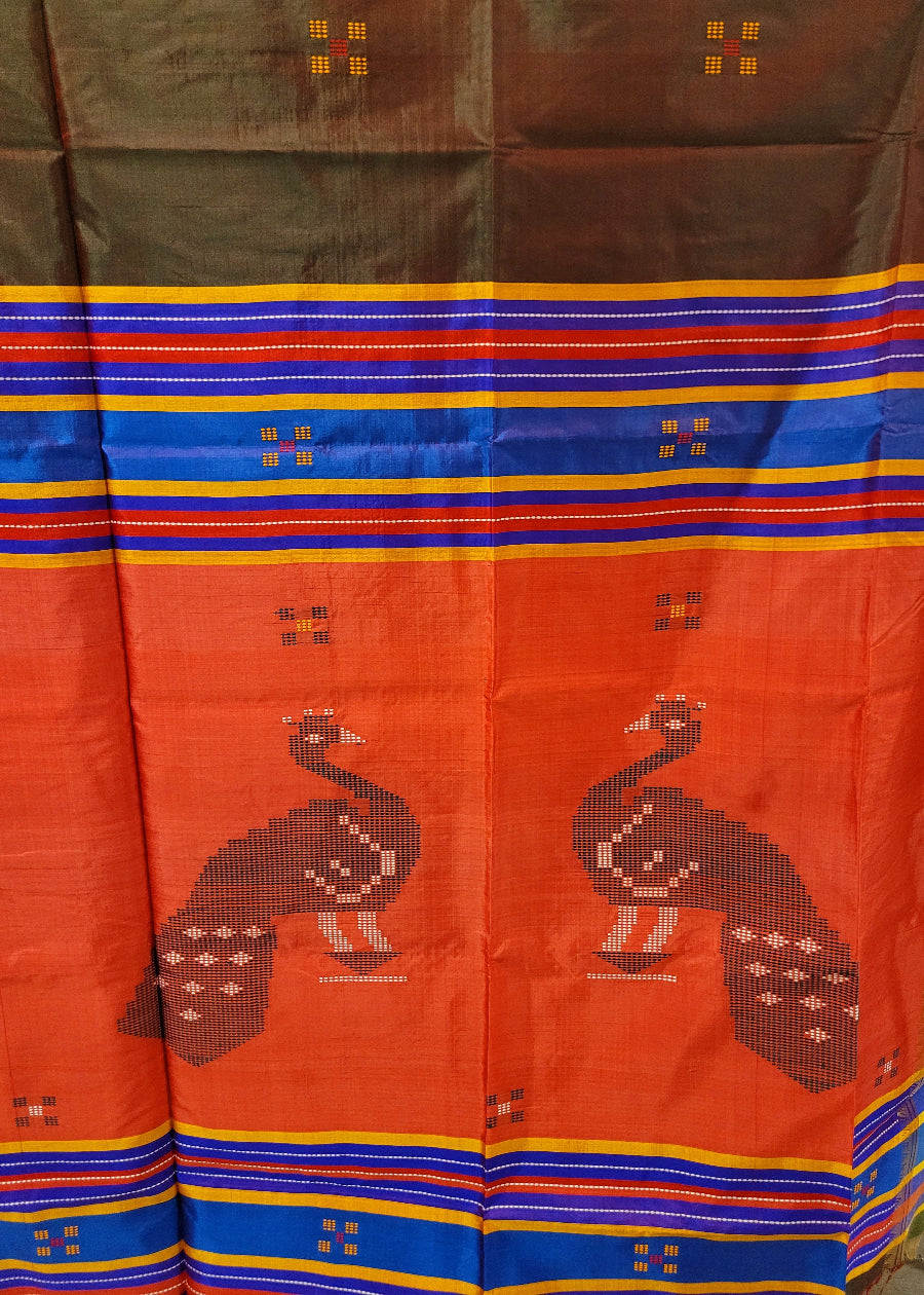Brown And Sage Green Dual Toned Kalakshetra Pure Soft Silk - Bengal