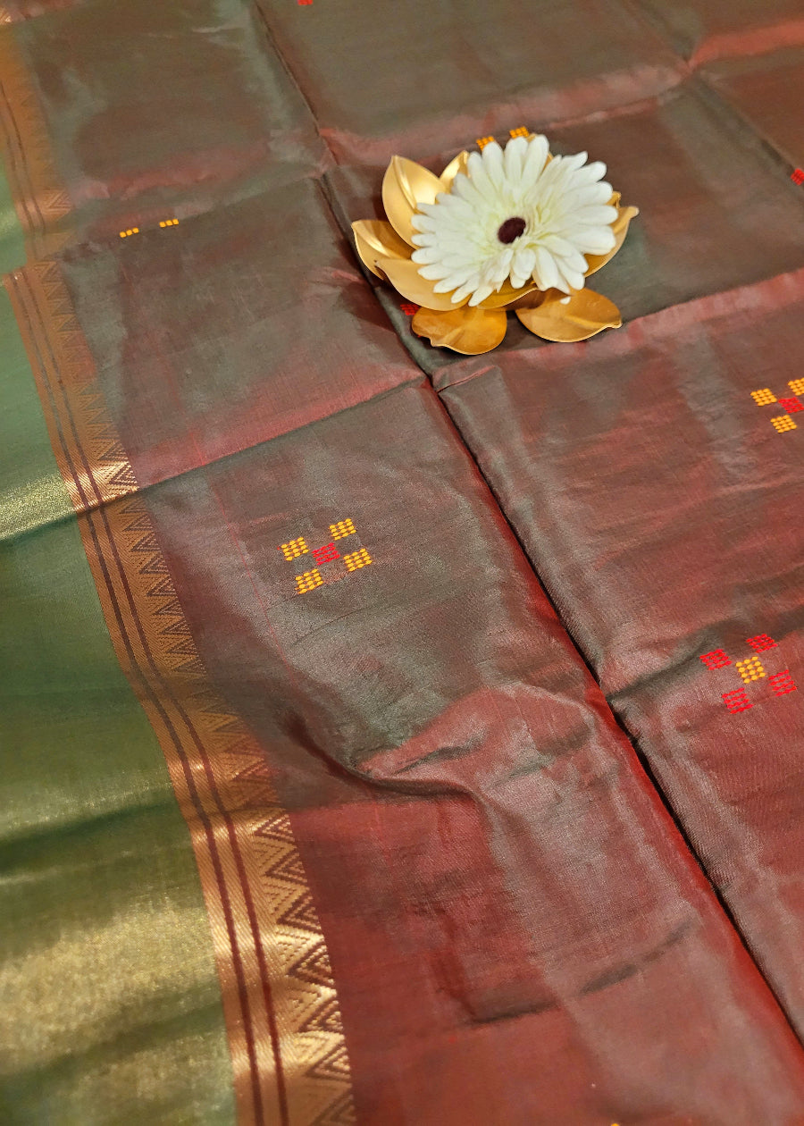 Brown And Sage Green Dual Toned Kalakshetra Pure Soft Silk - Bengal