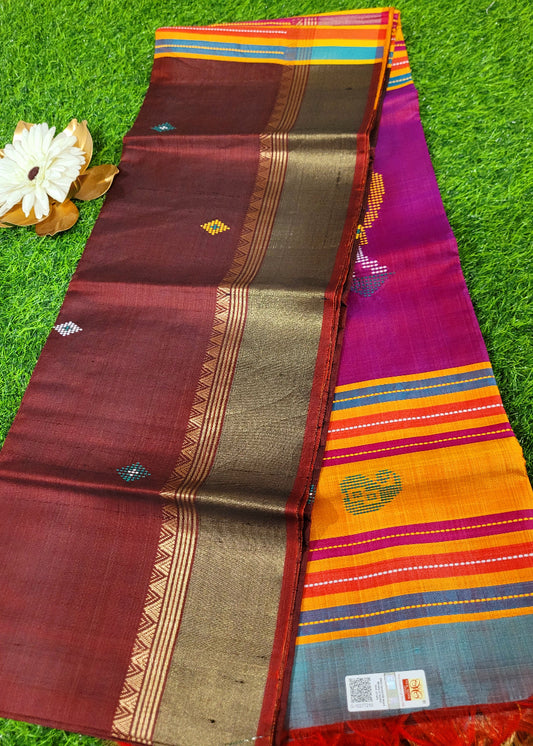Dark Brown And Majenta Kalakshetra Pure Silk Saree- Bengal