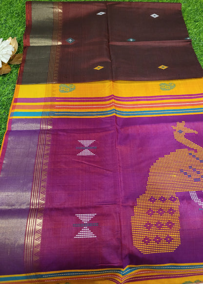 Dark Brown And Majenta Kalakshetra Pure Silk Saree- Bengal