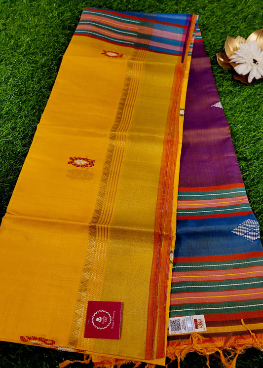 Bright Yellow And Lavender Kalakshetra Pure Soft Silk- Bengal